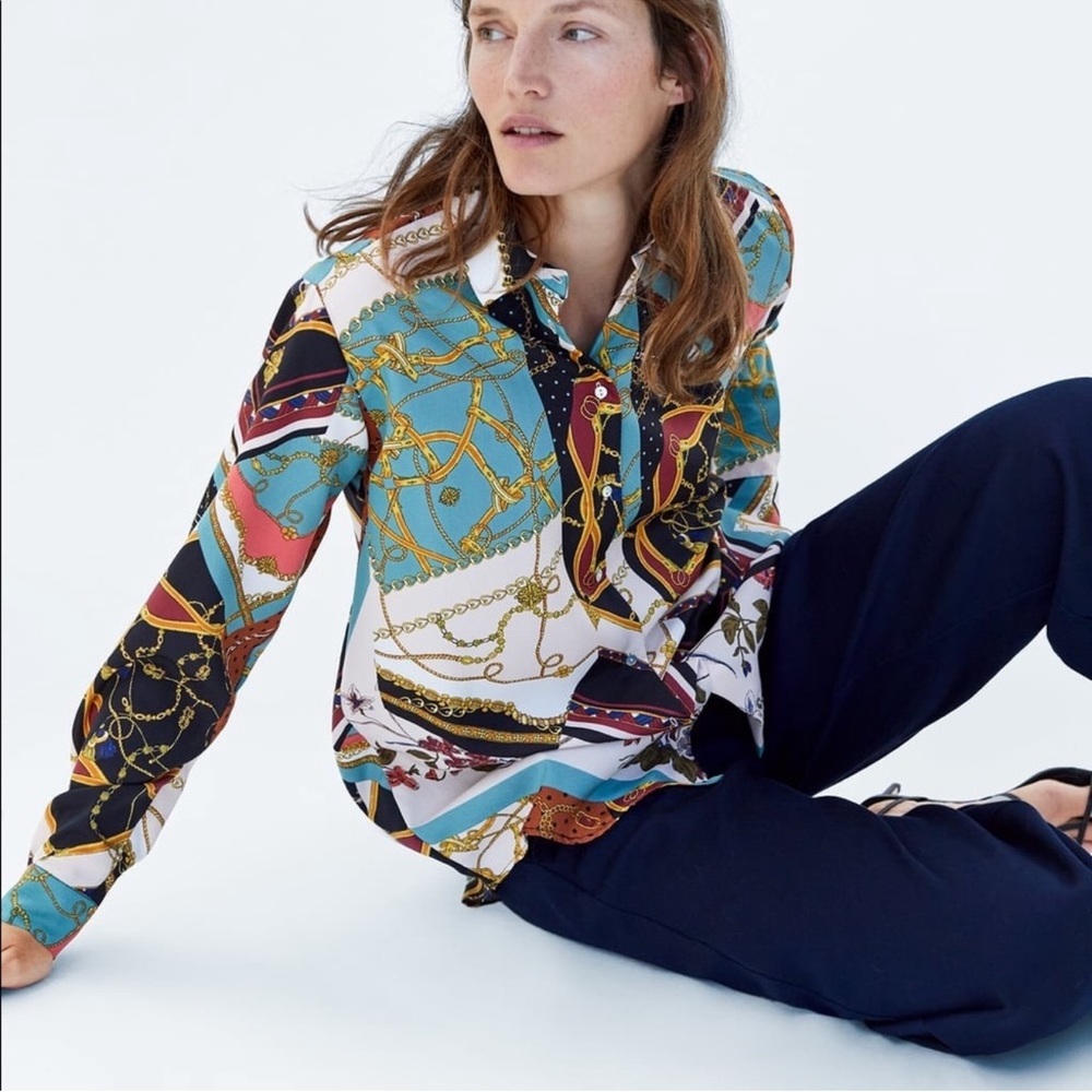 Zara Chain Patchwork Flowy Button Down Blouse - image 1